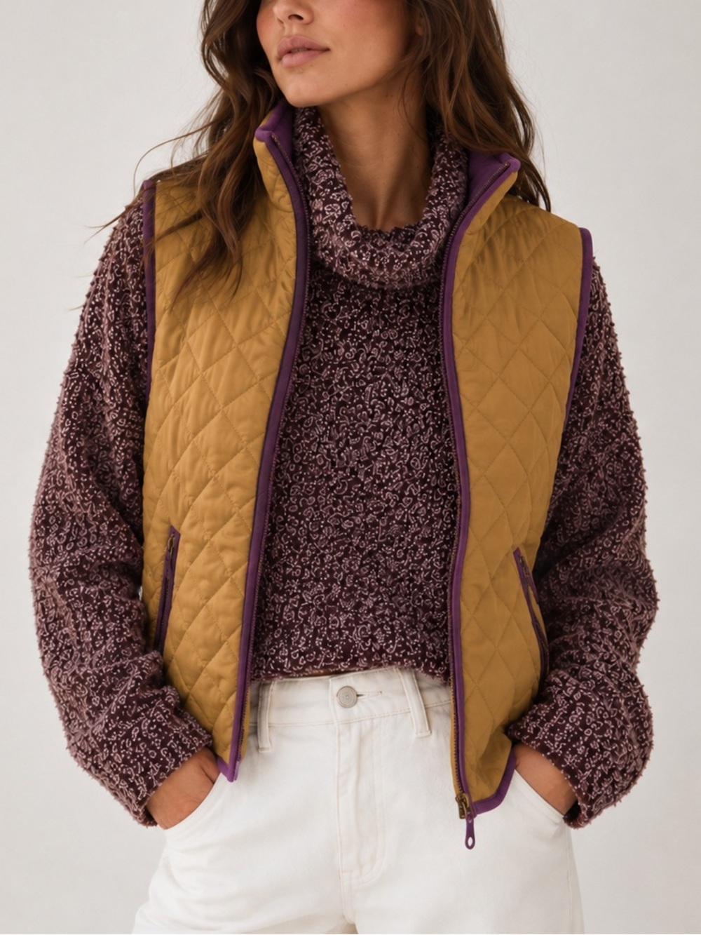 Quilted Barn Vest Tan & Purple Made in England by John Partridge Size Small NWOT
